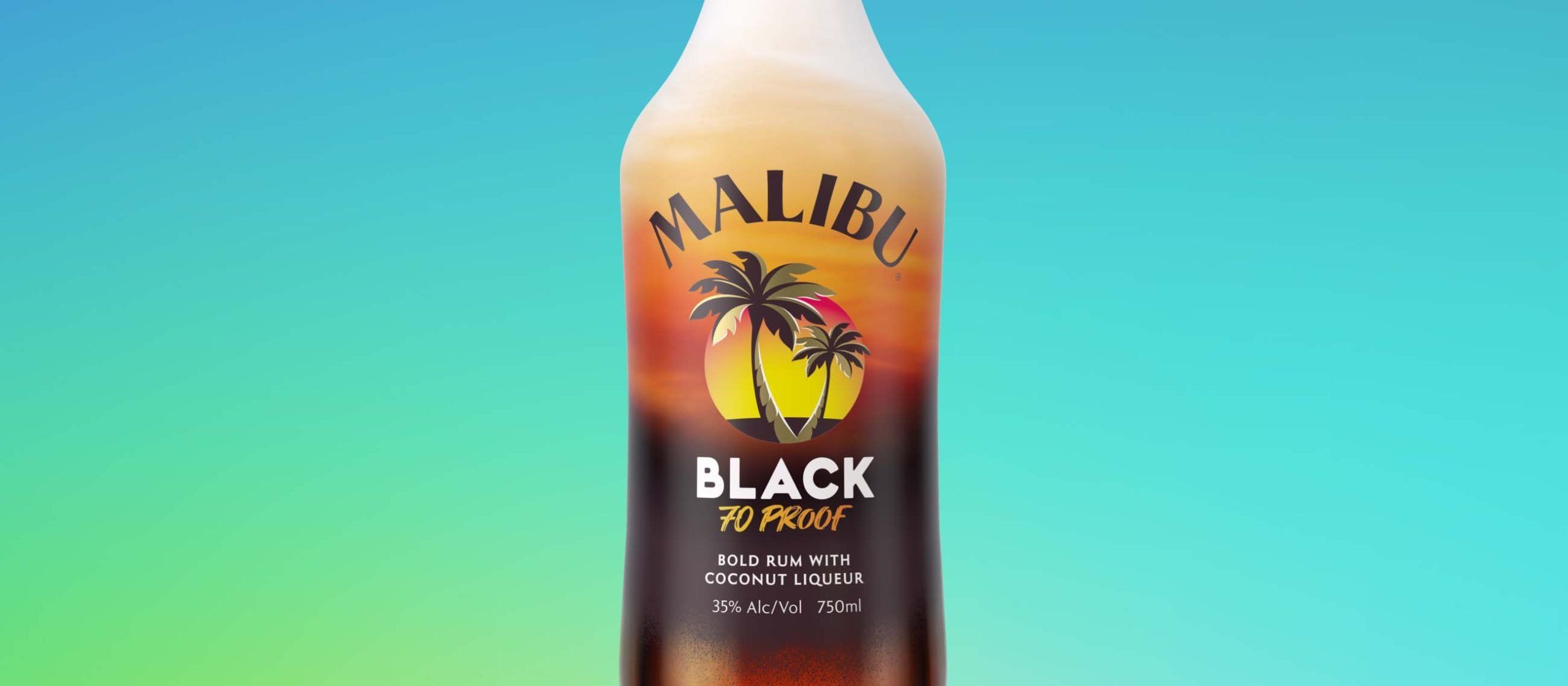 Malibu black bottle against a colourful gradient background
