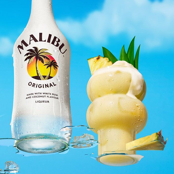 Malibu Pina Colada and Malibu Original on a light blue background