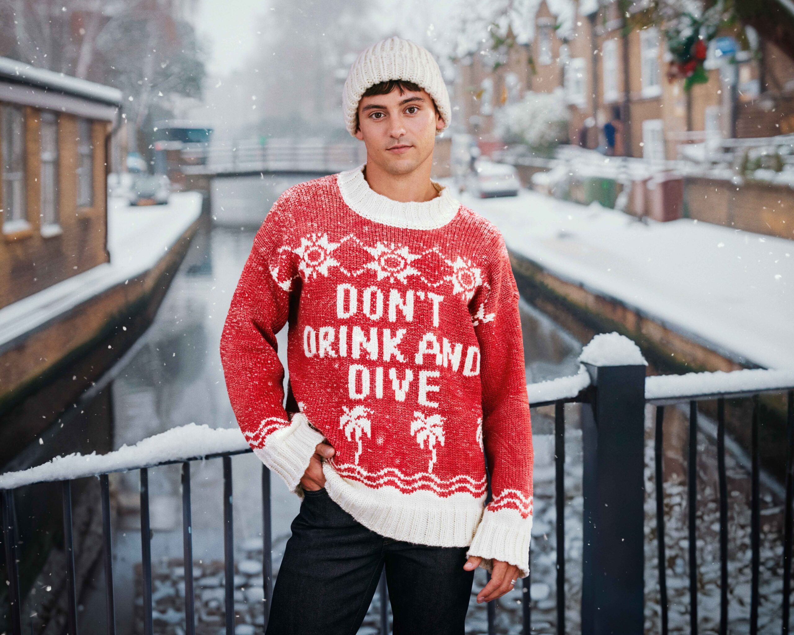 Malibu Tom Daley wearing Dont Drink and Dive Festive jumper
