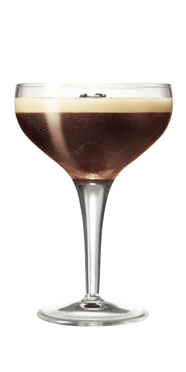 Malibu Coco Cold Brew Cocktail garnished with 3 coffee beans, against a transparent background