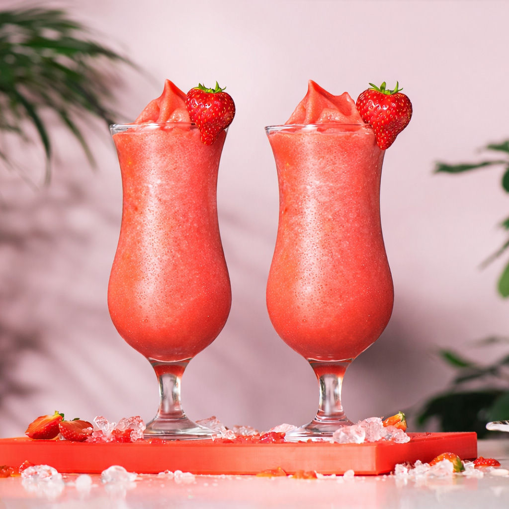 Two red strawberry coladas on a red serving tray