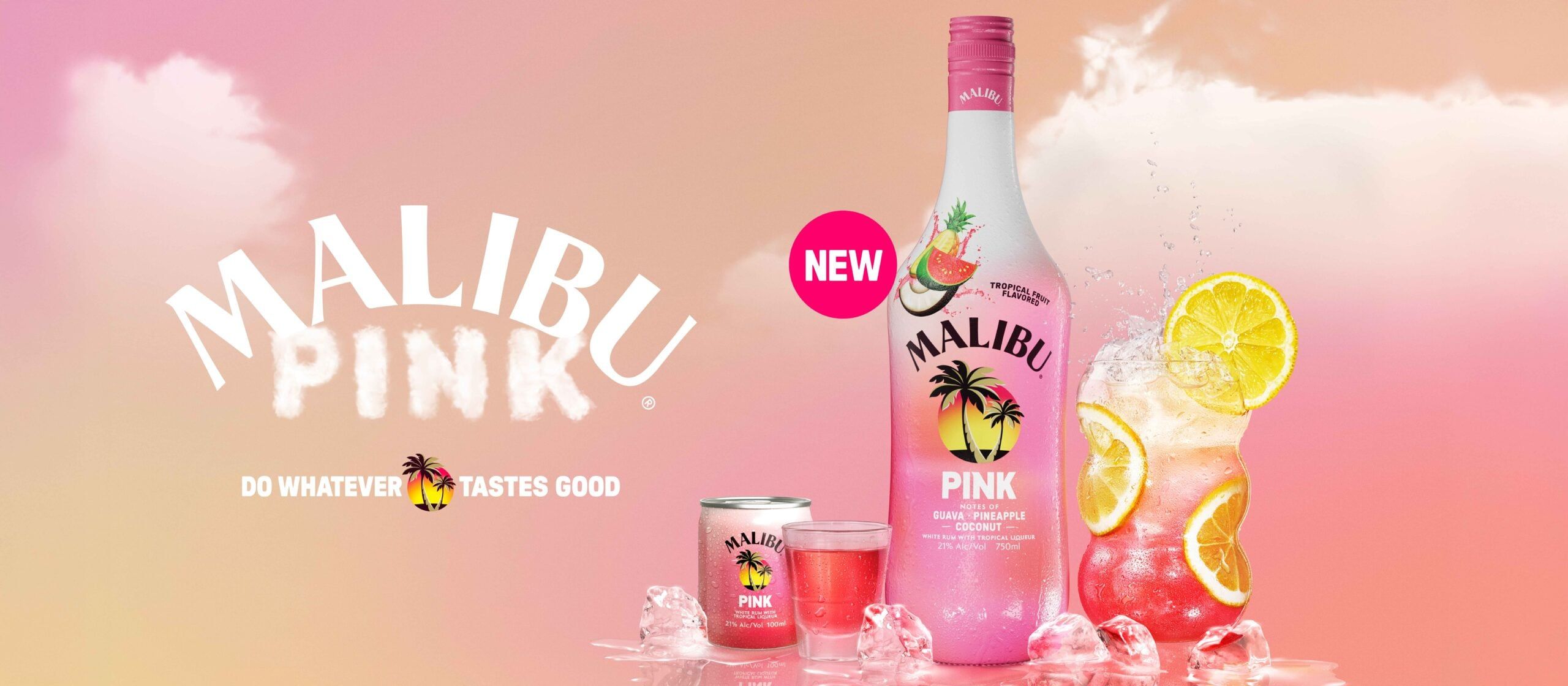 Malibu Pink Bottle and drinks in front of a colourful background with clouds
