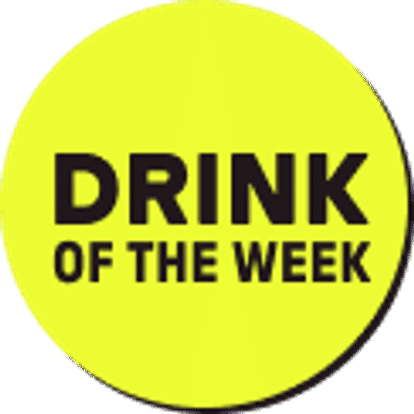 Drink of the week text overlapped on a neon circle sticker