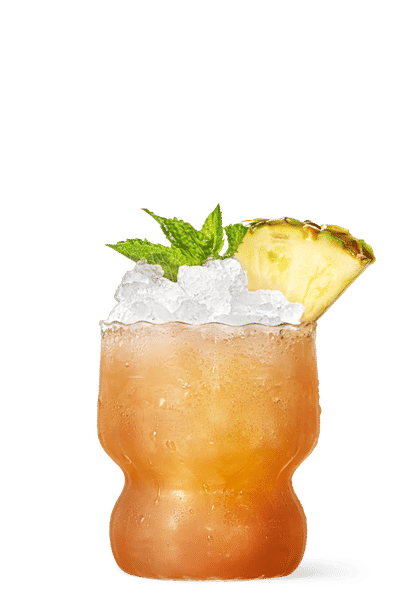 One Malibu Black Bahama Mama cocktail in a hurricane glass garnished with a pineapple wedge in front of a transparent background