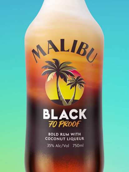A Malibu Black bottle displayed against a turquoise‑to‑green gradient background. The bottle fades from white at the top to deep brown at the bottom, featuring the signature Malibu palm logo and “70 Proof” text. The design highlights its bold, coconut‑infused rum character with a sleek, powerful look.