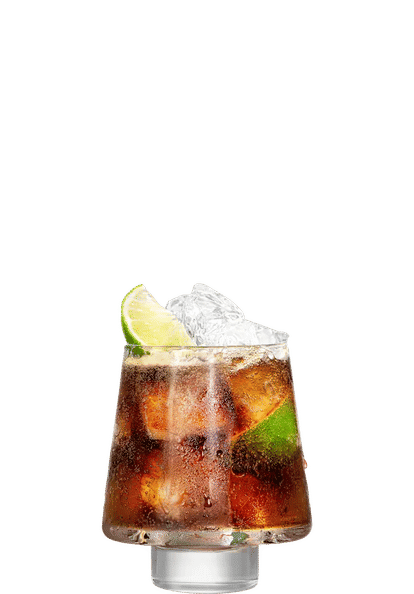 Short tumbler glass filled with Malibu Black & Cola over ice, deep caramel tones with visible bubbles, garnished with a lime wedge, highlighting a chilled drink.