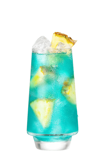One Malibu Blue Hawaiian cocktail in a highball glass garnished with a pineapple slice in front of a transparent background