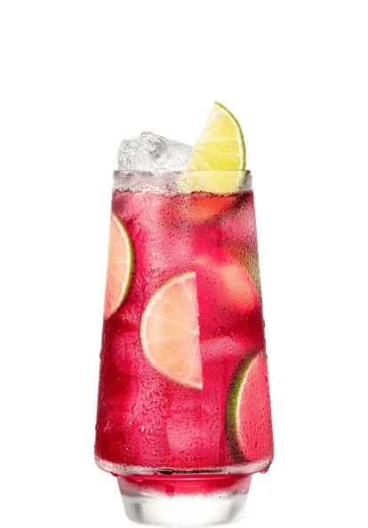 Tall glass filled with vibrant pink Malibu Cranberry Lemonade over ice, garnished with lime wedges and slices, with visible condensation highlighting a chilled, citrus and cranberry drink.