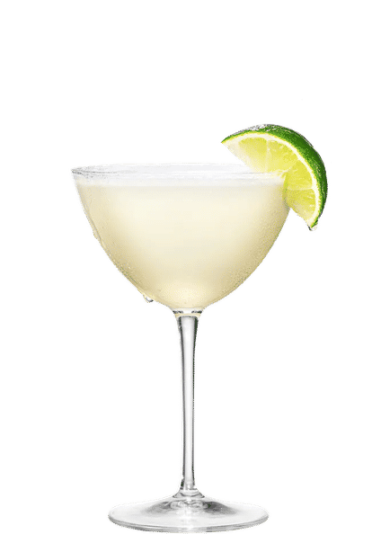 Malibu Daiquiri cocktail in a coupe glass with pale yellow drink and a lime wedge garnish, rim lightly frosted and isolated on a white background.