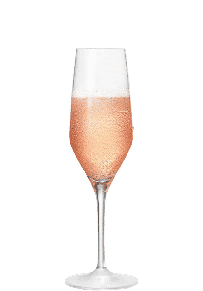 Elegant flute glass filled with pale pink Malibu Fizz cocktail, sparkling with fine bubbles and topped with a soft foam layer, isolated on white to highlight a crisp drink.