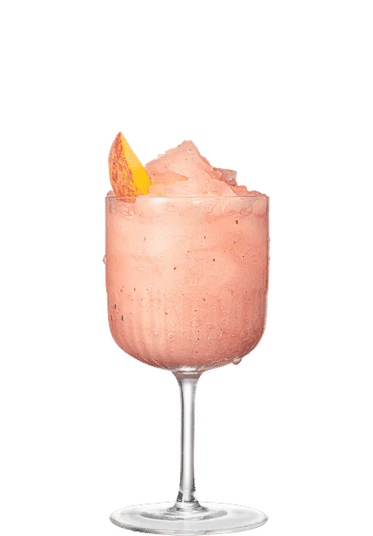 Malibu Froze cocktail in a textured goblet glass with frozen light pink blend and a peach wedge garnish, smooth icy surface and frosted glass, isolated on a white background.