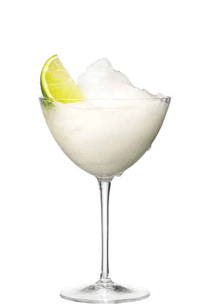 Malibu Frozen Daiquiri cocktail in a coupe glass with thick frozen white drink, smooth icy texture, and lime wedge garnish, condensation on the glass, isolated on a white background.