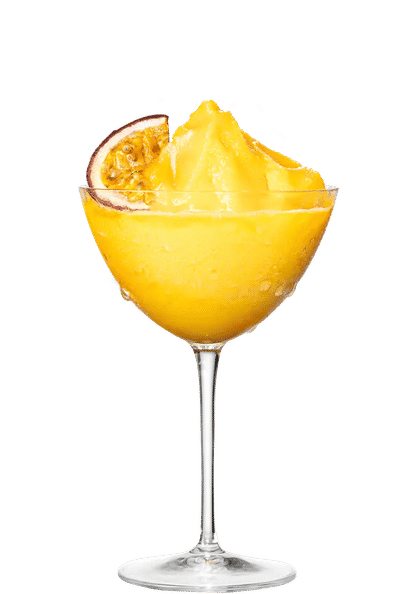 Malibu Passion Fruit Frozen Daiquiri cocktail in a coupe glass with thick frozen golden drink, smooth icy texture, and halved passion fruit garnish, isolated on a white background.
