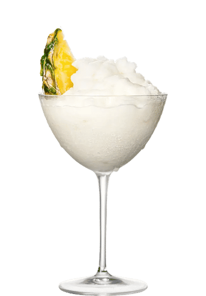 Malibu Frozen Piña Colada cocktail in a coupe glass with frozen white blend and a pineapple wedge garnish, smooth icy texture and frosted glass, isolated on a white background.