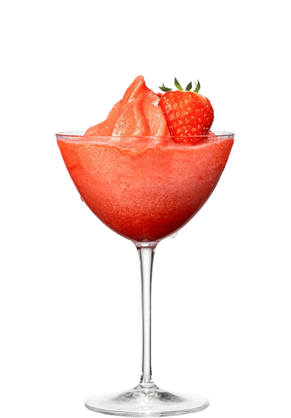Malibu Frozen Strawberry Daiquiri cocktail in a coupe glass with frozen red blend and a fresh strawberry garnish, smooth icy texture and isolated on a white background.