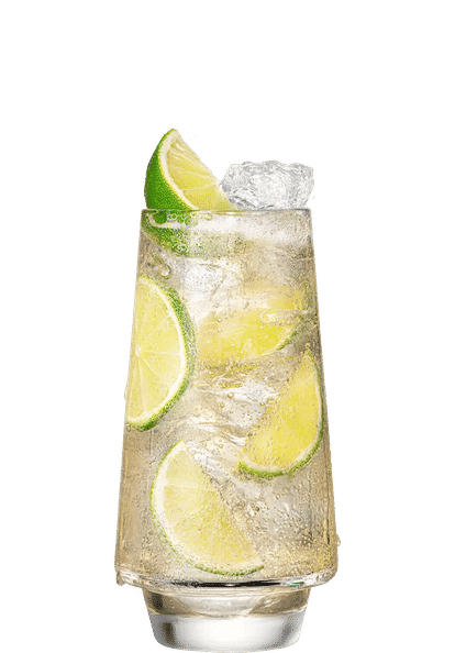 Tall highball glass filled with pale golden Malibu Ginger Ale over ice, garnished with fresh lime wedges, visible carbonation and condensation highlighting a crisp, refreshing and lightly spiced cocktail.