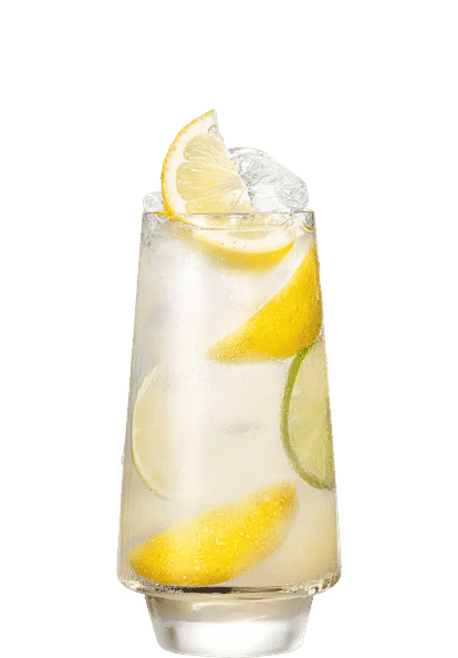 Malibu Lemonade cocktail in a tall glass with clear drink, ice cubes, lemon and lime slices, isolated on a white background.