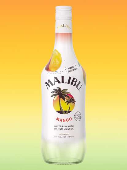 A Malibu Mango bottle displayed against a bright yellow‑to‑light green gradient background. The white bottle features a mango slice near the neck and the signature Malibu palm logo, evoking a sunny, tropical, fruit‑forward feel.