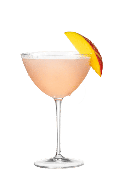 Malibu Mango Beachside cocktail in a coupe glass with pale pink drink, smooth surface, and mango slice garnish on the rim, condensation on the glass, isolated on a white background.