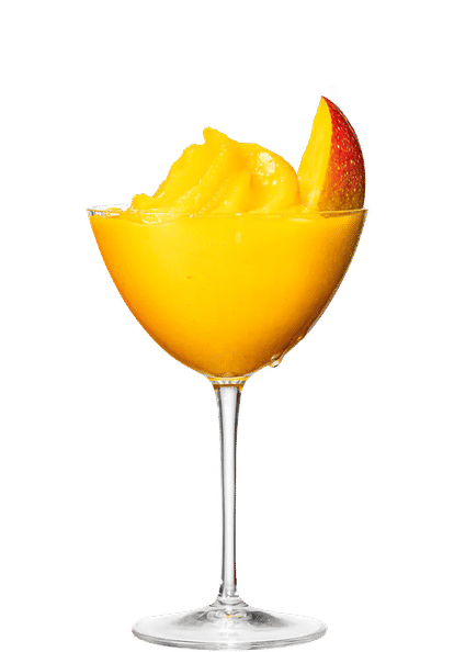 Malibu Mango Frozen Daiquiri cocktail in a coupe glass with frozen yellow drink, smooth icy texture, and mango slice garnish, isolated on a white background.