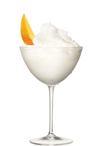 Malibu Mango Frozen Piña Colada cocktail in a coupe glass with frozen white blend and a mango wedge garnish, smooth icy texture and frosted glass, isolated on a white background.