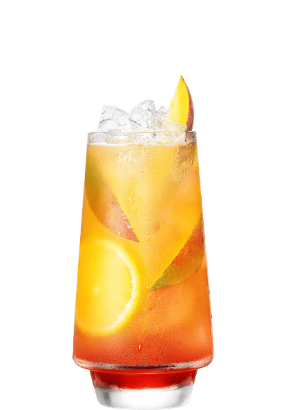 Malibu Mango Sunrise cocktail in a tall glass with layered yellow, orange, and red drink, ice cubes, and mango and lemon slices, isolated on a white background.