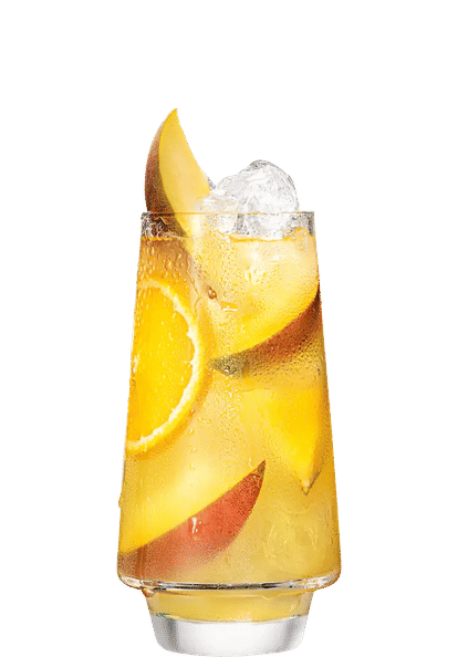 Malibu Mango & Orange Juice cocktail in a tall glass with golden yellow drink, ice cubes, mango slices, and orange wedges, condensation on the glass, isolated on a white background.