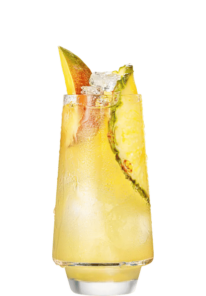 Malibu Mango & Pineapple Juice cocktail in a tall glass with golden yellow drink, ice cubes, mango slices, and pineapple wedge garnish, condensation on the glass, isolated on a white background.