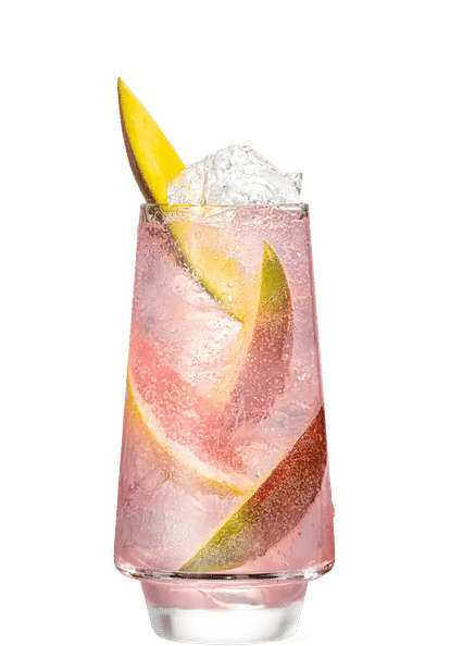 Malibu Mango & Pink Grapefruit Soda cocktail in a tall glass with light pink sparkling drink, ice cubes, mango slices, and grapefruit wedges, condensation on the glass, isolated on a white background.