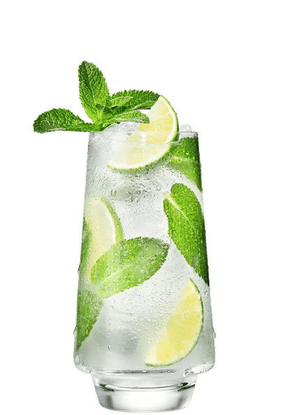 One Malibu Mojito cocktail in a highball glass garnished with a lime wedge and mint sprig in front of a transparent background