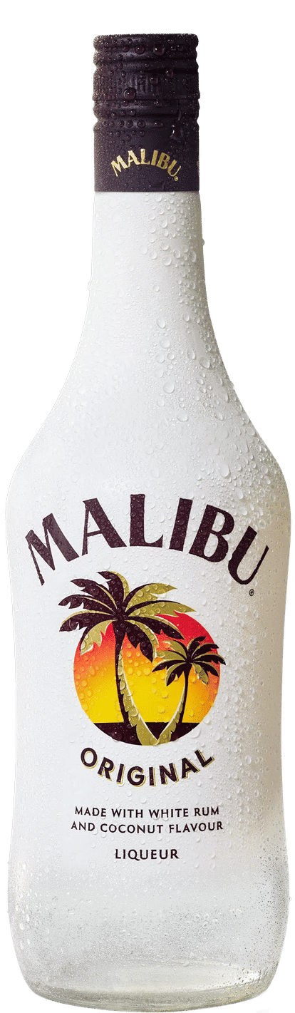 Malibu Original bottle with white frosted surface and condensation droplets, dark cap with gold logo, and sunset palm design label, isolated on a white background.