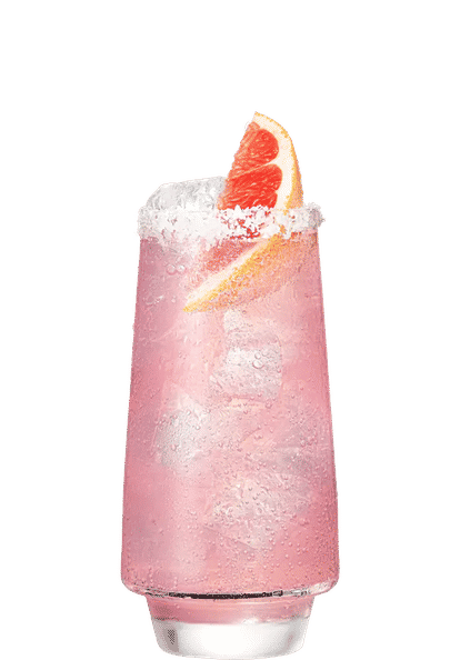 Malibu Paloma cocktail in a tall glass with light pink drink, ice cubes, and a grapefruit wedge garnish, rimmed with salt and isolated on a white background.