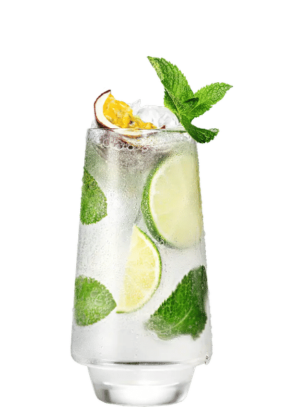Malibu Passion Fruit Mojito cocktail in a tall glass with clear sparkling drink, ice cubes, lime slices, mint leaves, and halved passion fruit garnish, condensation on the glass, isolated on a white background.