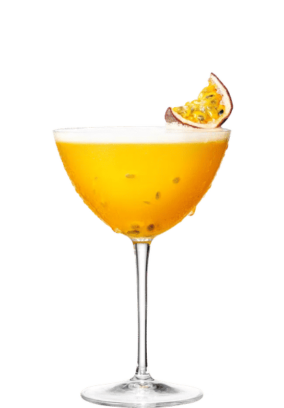 Malibu Passion Fruit Daiquiri cocktail in a coupe glass with golden yellow drink, frothy top, and halved passion fruit garnish, isolated on a white background.