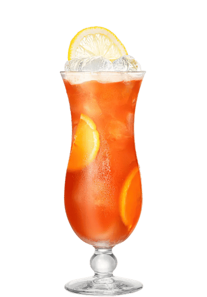 Malibu Passion Fruit Hurricane cocktail in a curved hurricane glass with vibrant orange drink, ice cubes, orange slices, and lemon wheel garnish, condensation on the glass, isolated on a white background.