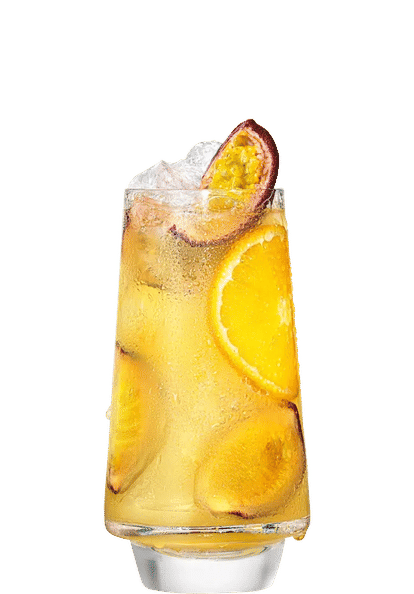 Malibu Passion Fruit & Orange Juice cocktail in a tall glass with golden yellow drink, ice cubes, orange slices, and halved passion fruit garnish, condensation on the glass, isolated on a white background.