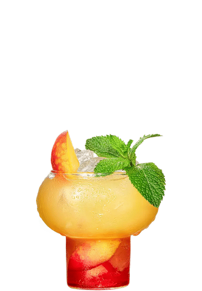 Malibu Peach Rum Punch cocktail in a short rounded glass with layered orange and red drink, ice cubes, peach slices, and mint leaves, isolated on a white background.