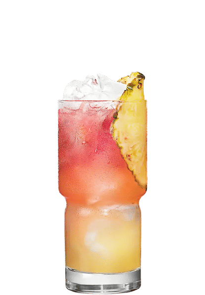 Malibu Pineapple Bay Breeze cocktail in a tall glass with layered yellow, orange, and pink drink, ice cubes, and a pineapple slice garnish, isolated on a white background.