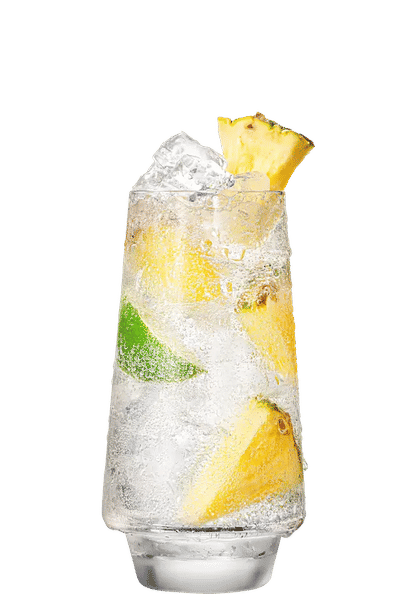 Malibu Pineapple & Lemon‑Lime Soda cocktail in a tall glass with clear sparkling drink, ice cubes, pineapple chunks, and lime wedges, topped with a pineapple garnish, isolated on a white background.