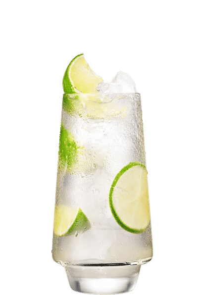 Malibu Pineapple & Coconut Water cocktail in a tall glass with clear light drink, ice cubes, lime slices, and condensation on the glass, isolated on a white background.