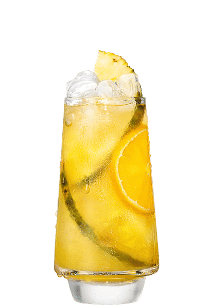Malibu Pineapple and Orange Juice cocktail in a tall glass with golden yellow drink, ice cubes, pineapple wedge, and orange slice garnish, condensation on the glass, isolated on a white background.