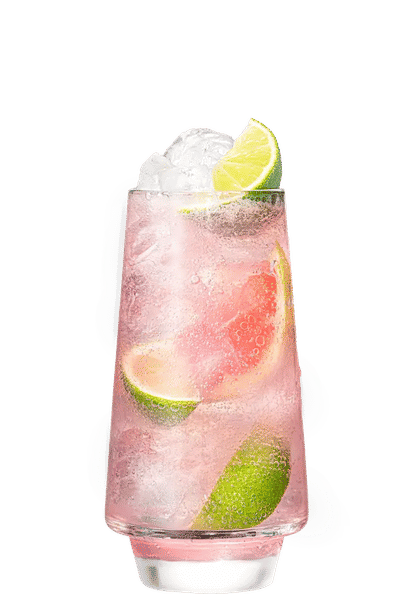 Malibu & Pink Grapefruit Soda cocktail in a tall glass with light pink sparkling drink, ice cubes, lime wedges, and grapefruit slices, condensation on the glass, isolated on a white background.