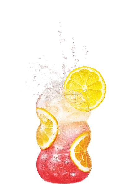 Malibu Pink Lemonade cocktail in a highball glass with pink layered drink, ice cubes, and lemon slices, captured mid‑splash and isolated on a white background.