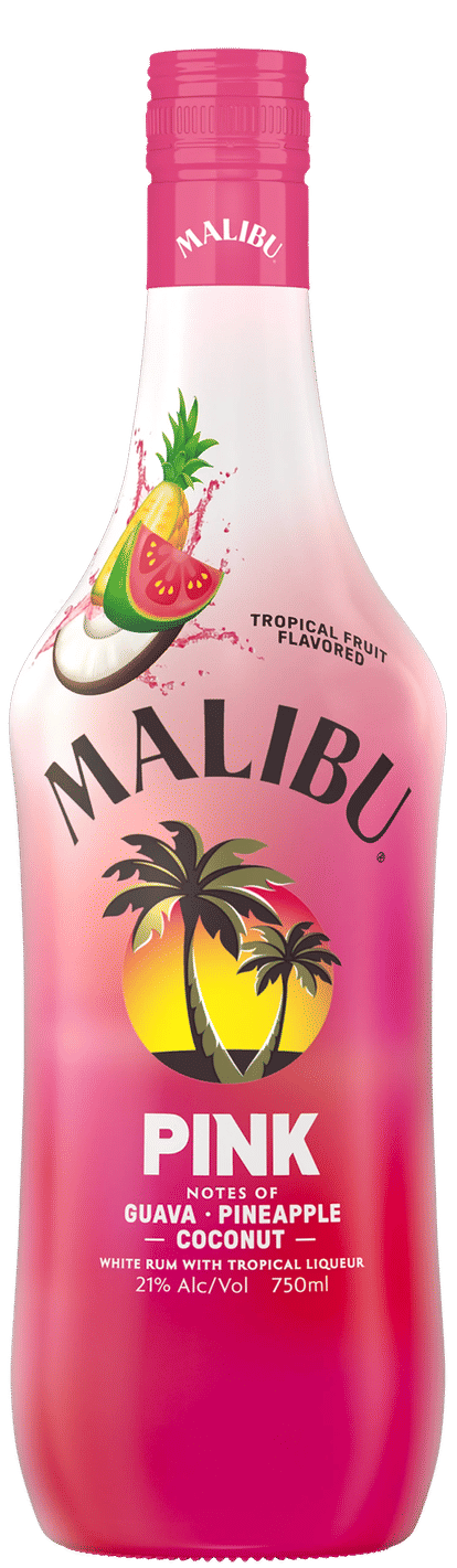 Malibu Pink bottle with smooth white‑to‑pink gradient design, condensation droplets, tropical fruit splash illustration near neck, and sunset palm tree logo, isolated on clean background with bright, summery lighting.