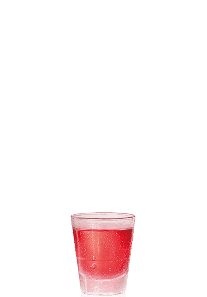 Malibu Pink Shot cocktail in a clear shot glass with bright pink liquid and condensation droplets, isolated on a transparent background.