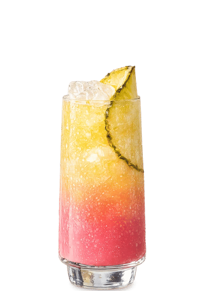 Malibu Pink and Pineapple Juice cocktail in a tall glass with crushed ice and a pineapple slice garnish, isolated on a white background.