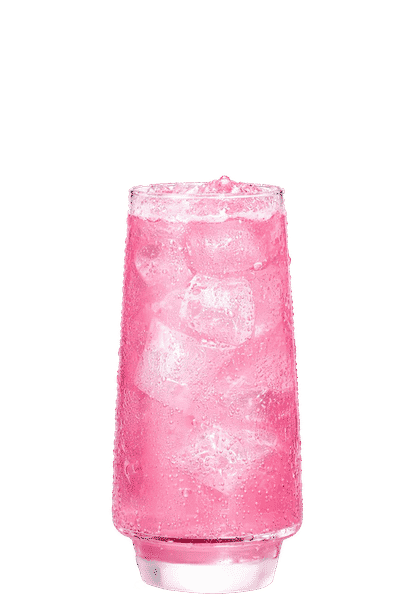 One Malibu Pink and Soda drink in a highball glass in front of a transparent background