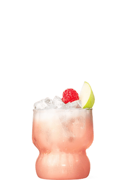 Malibu Rapple cocktail in a rounded glass with light pink drink, ice cubes, raspberry, and green apple slice garnish, frosted glass surface, isolated on a white background.