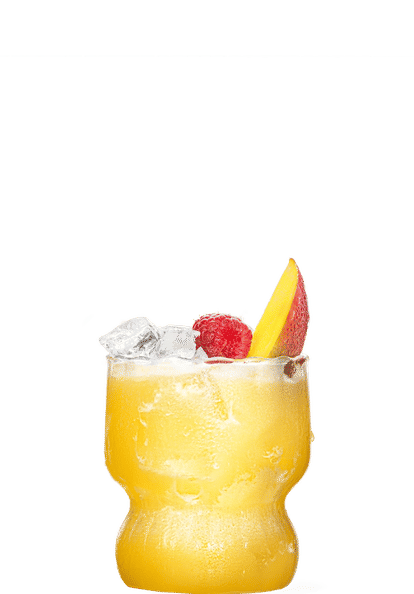 Malibu Raspberry & Mango Mixer cocktail in a short curved glass with bright yellow drink, ice cubes, raspberry, and mango slice garnish, frosted glass surface, isolated on a white background.