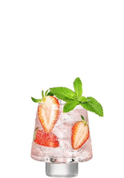 Malibu Rose Spritz cocktail in a rounded glass with light pink sparkling drink, ice cubes, strawberry slices, and mint leaves garnish, condensation on the glass, isolated on a white background.